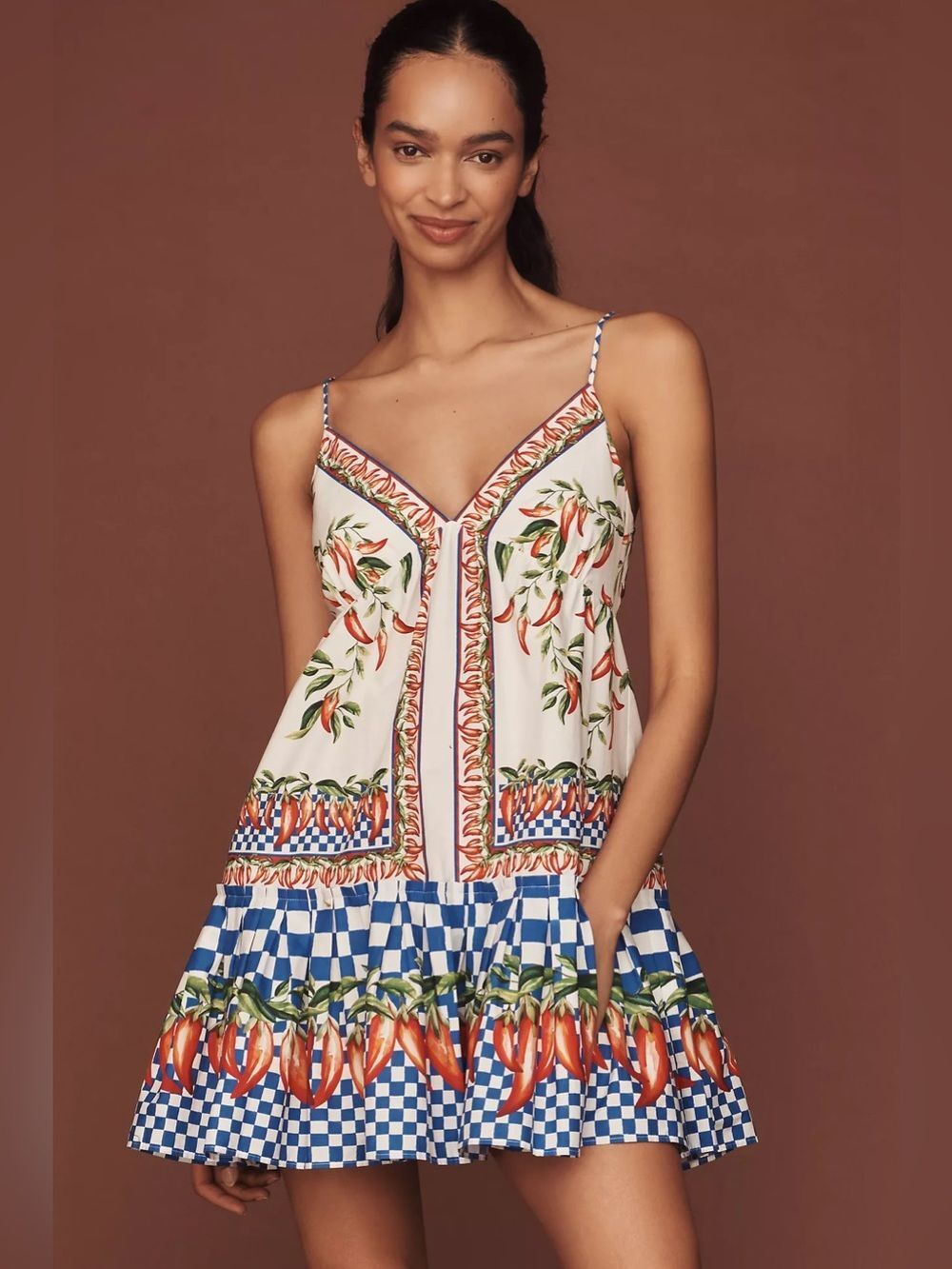 Farm Rio Picnic Peppers Ainika Sleeveless V-Neck Babydoll Swing Mini Dress XL